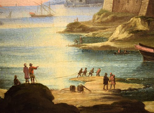 "Scena portuale con navi e galeoni"